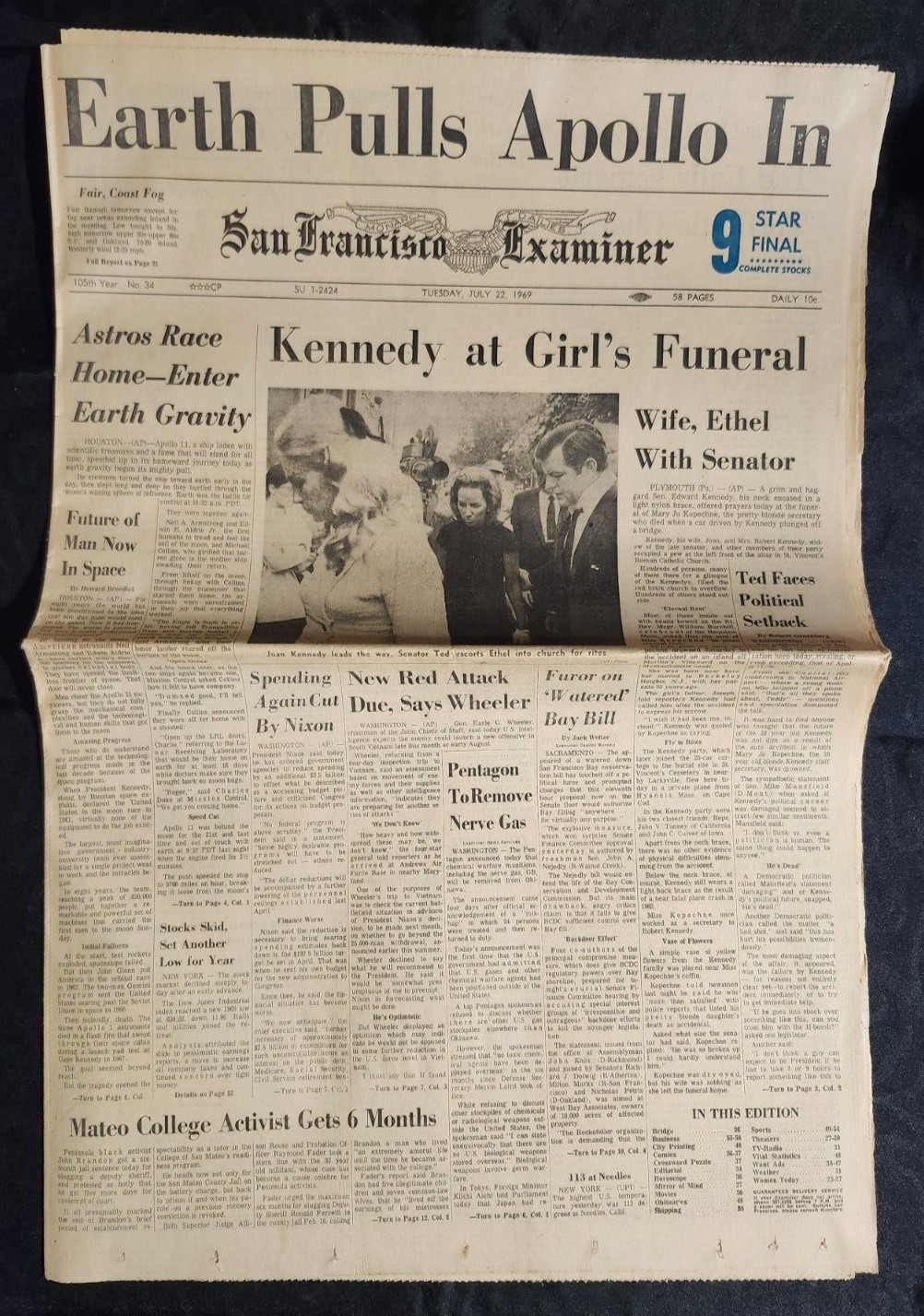 1969 San Francisco Examiner Earth Pulls Apollo 11 In Moon Lunar Landing