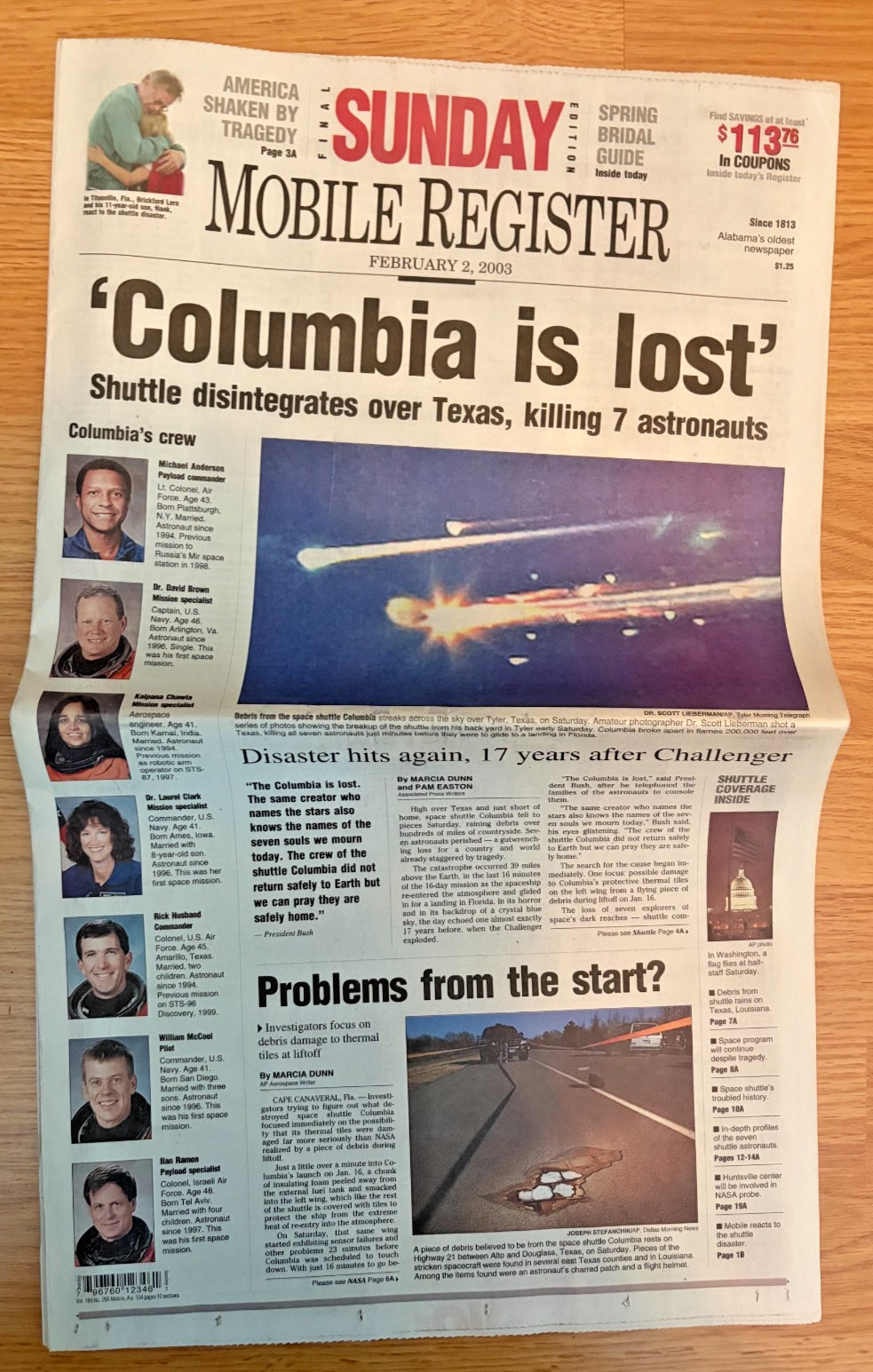 Mobile Register Columbia Is Lost Newspaper Feb 2 2003 Shuttle Disaster