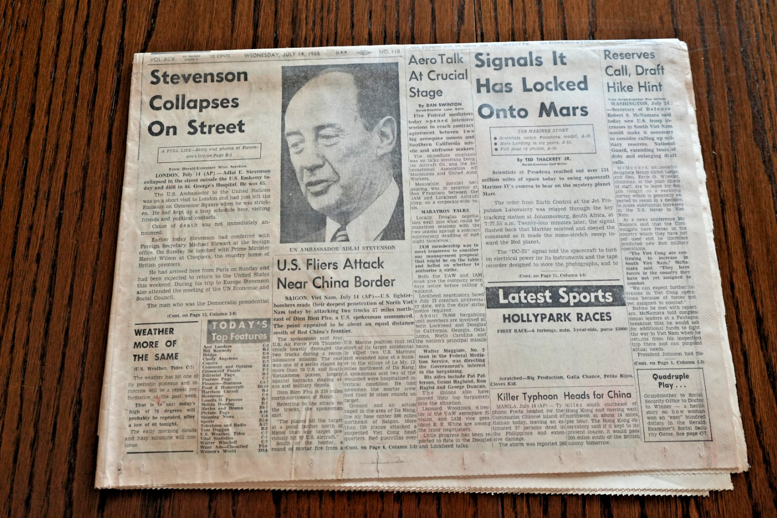 LOS ANGELES HERALD EXAMINER – WED July 14, 1965 – ALDAI DIES – NASA MARINER NEWS