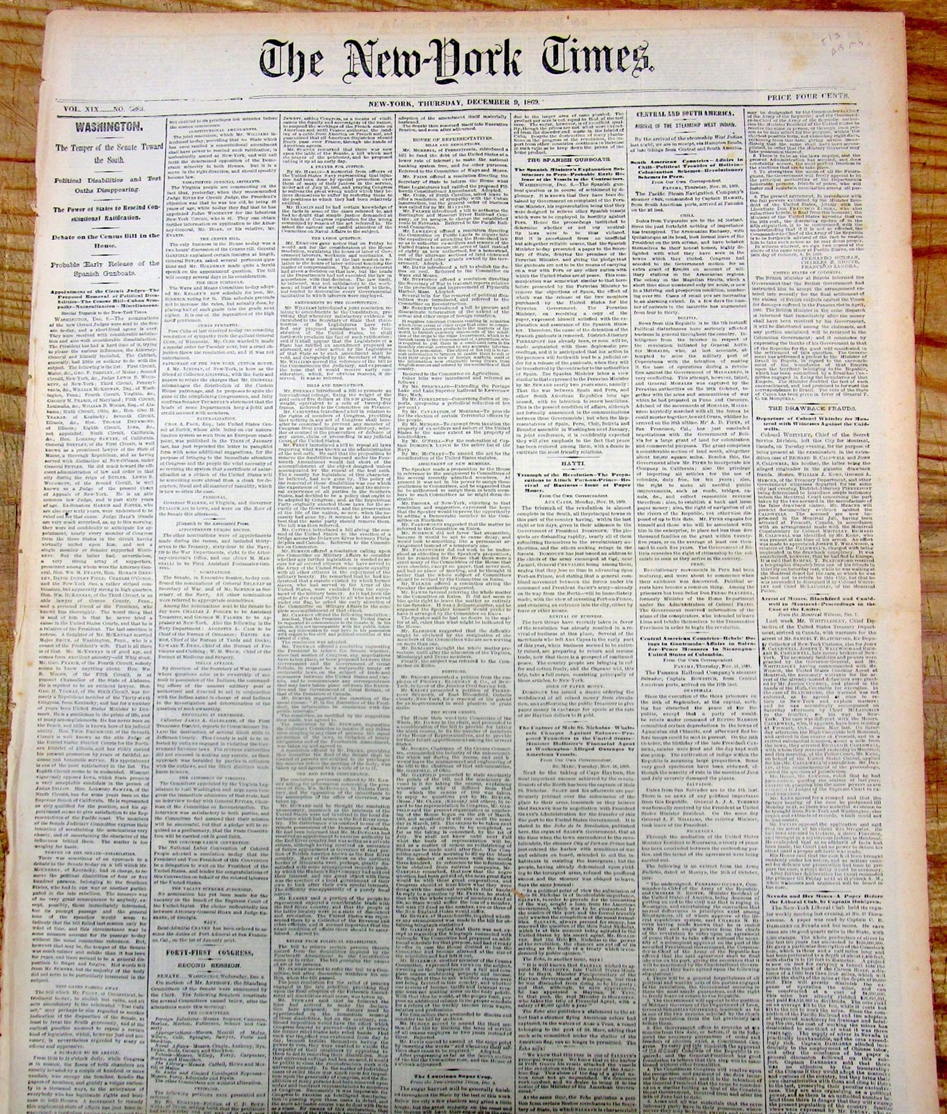 1869 NY Times newspaper w ORGANIZATION / FORMATION ofTHE 1st PRO BASEBALL LEAGUE