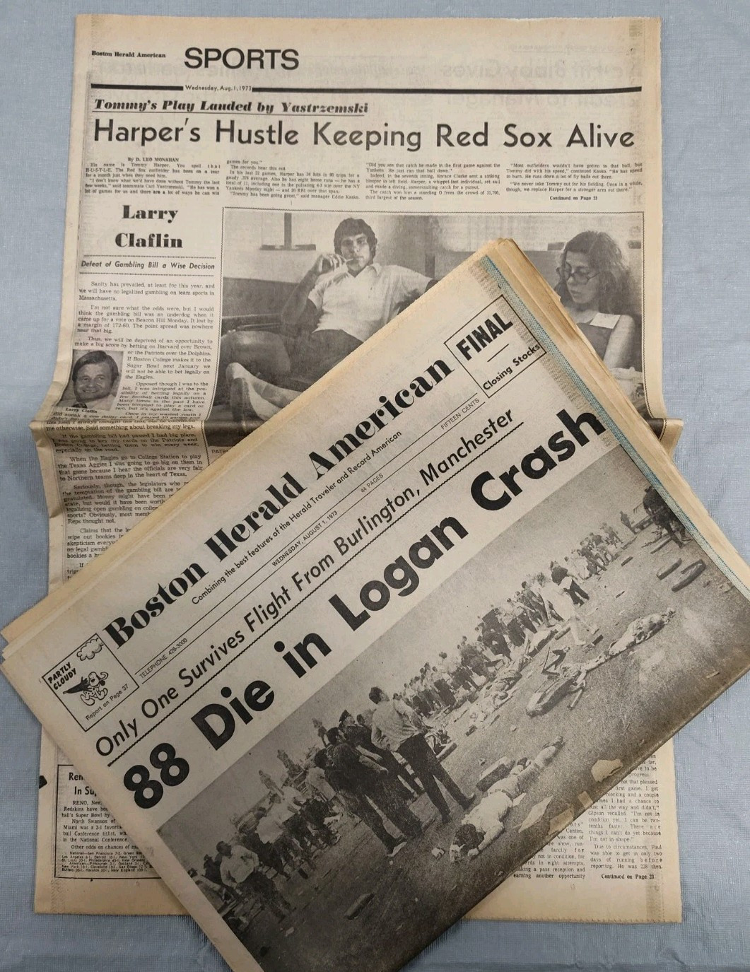 1973 AUGUST, 1 BOSTON HERALD AMERICAN Graphic Plane Crash Disaster Newspaper Vtg