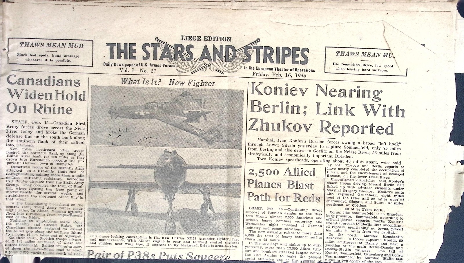 Vintage 1945 Stars And Stripes Newspaper Feb 16 WWII Berlin Zhukov Konev