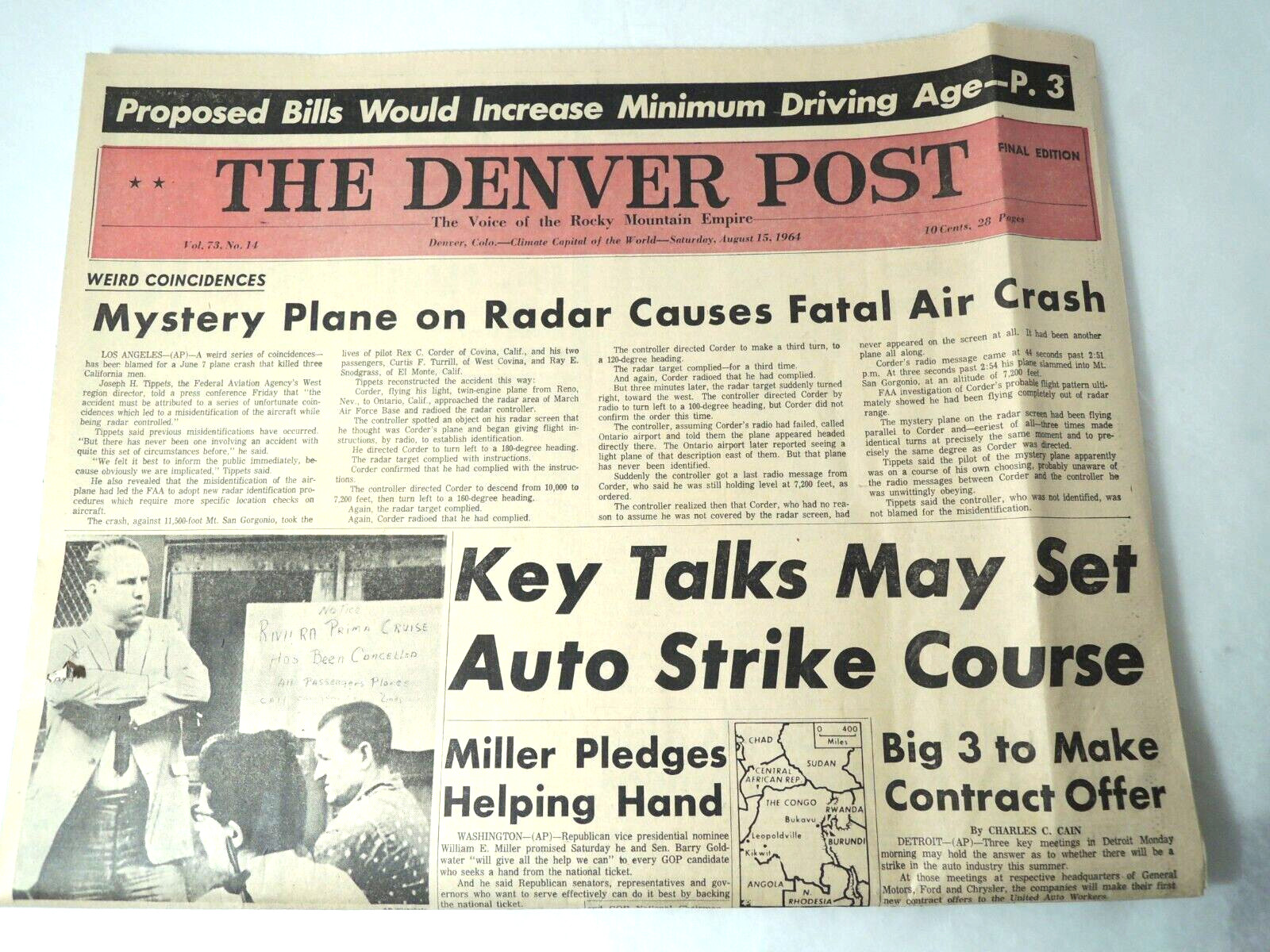 Newspaper 1964 California Plane Crash Mt San Gorgonio Ontario Airpt. Denver Post