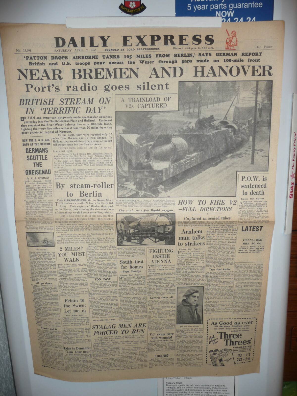 NP01 -005 – WW2 – Daily Express – Airbourn Tanks 105 Miles to Berlin – 7 Apr 45