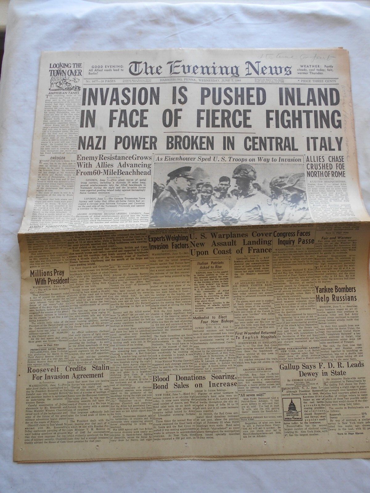 THE EVENING NEWS JUNE 7 1944 INVASION IS PUSHED INLAND IKE EISENHOWER