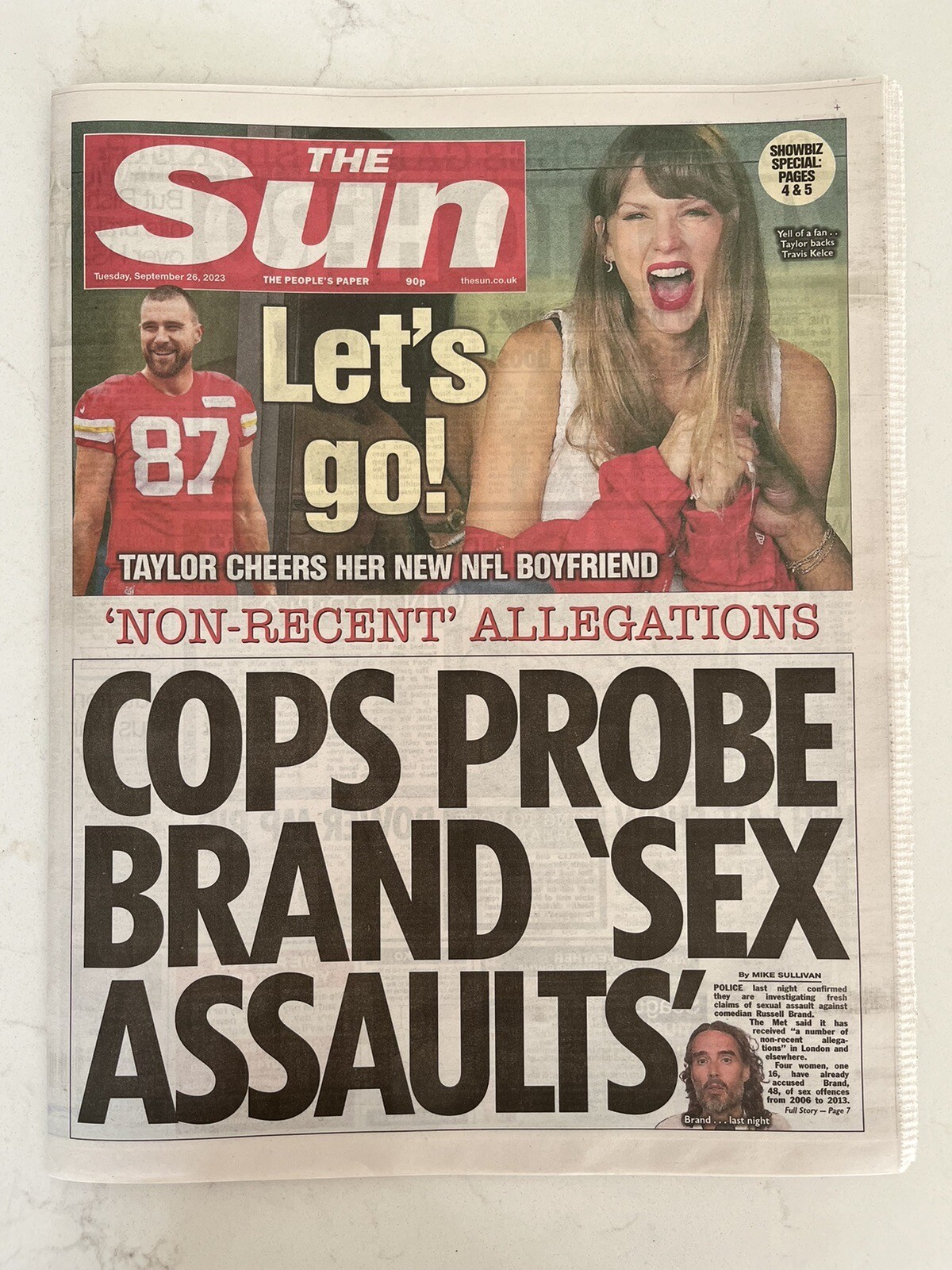 TAYLOR SWIFT TRAVIS KELCE NFL RUSSELL BRAND UK SUN NEWSPAPER SEPTEMBER 2023