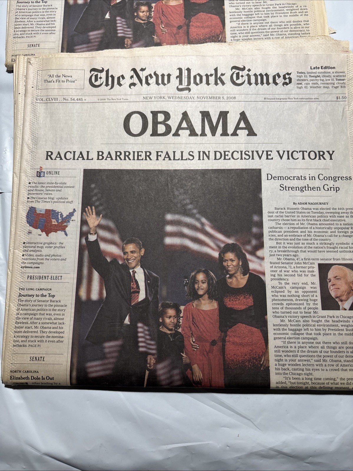 Obama Election Win Lot Of 3 Copies New York Times Newspaper Issue Nov. 5th 2008