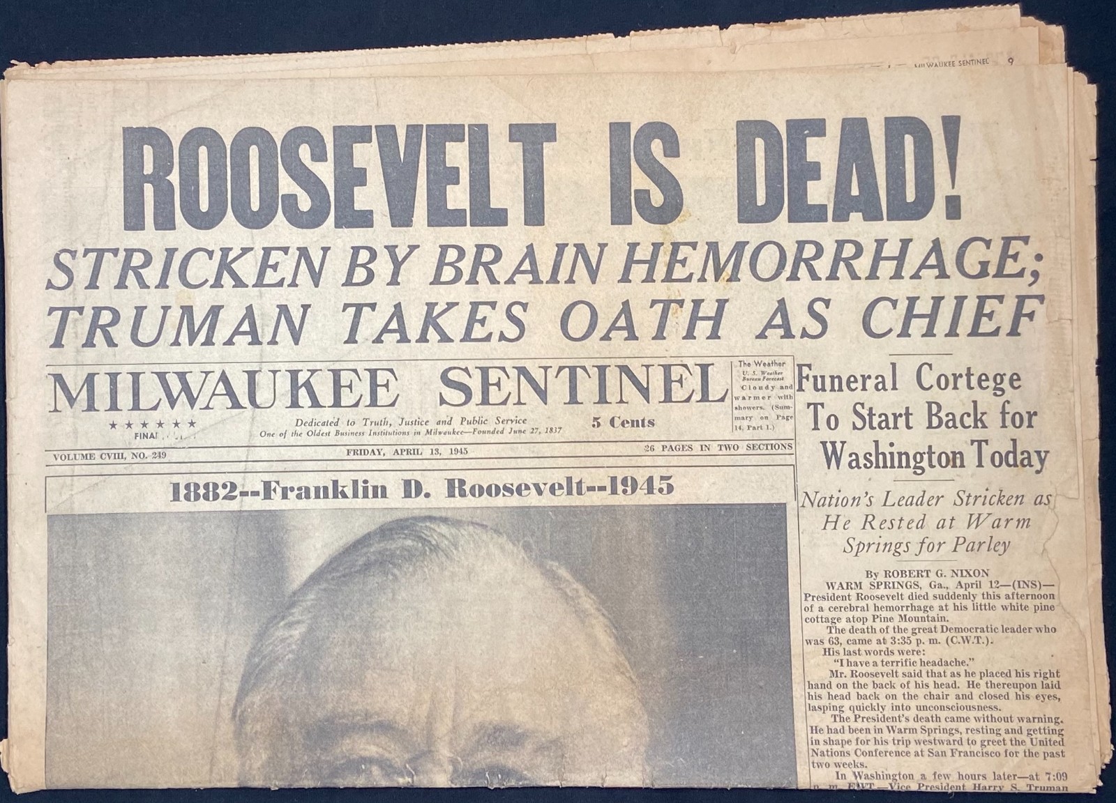 MILWAUKEE SENTINEL – April 13, 1945 – Franklin Roosevelt dies – World War II