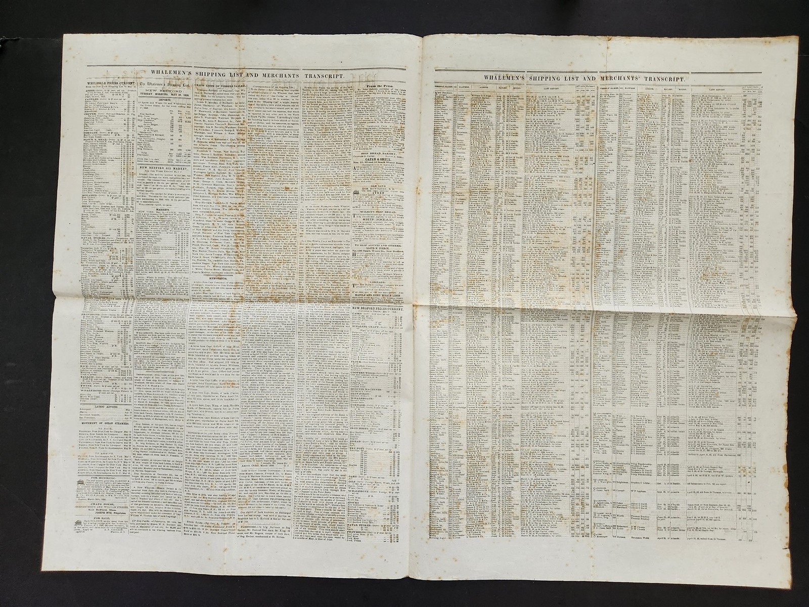 1858 antique WHALEMEN’S SHIPPING LIST NEWSPAPER new bedford ma May18 sperm whale