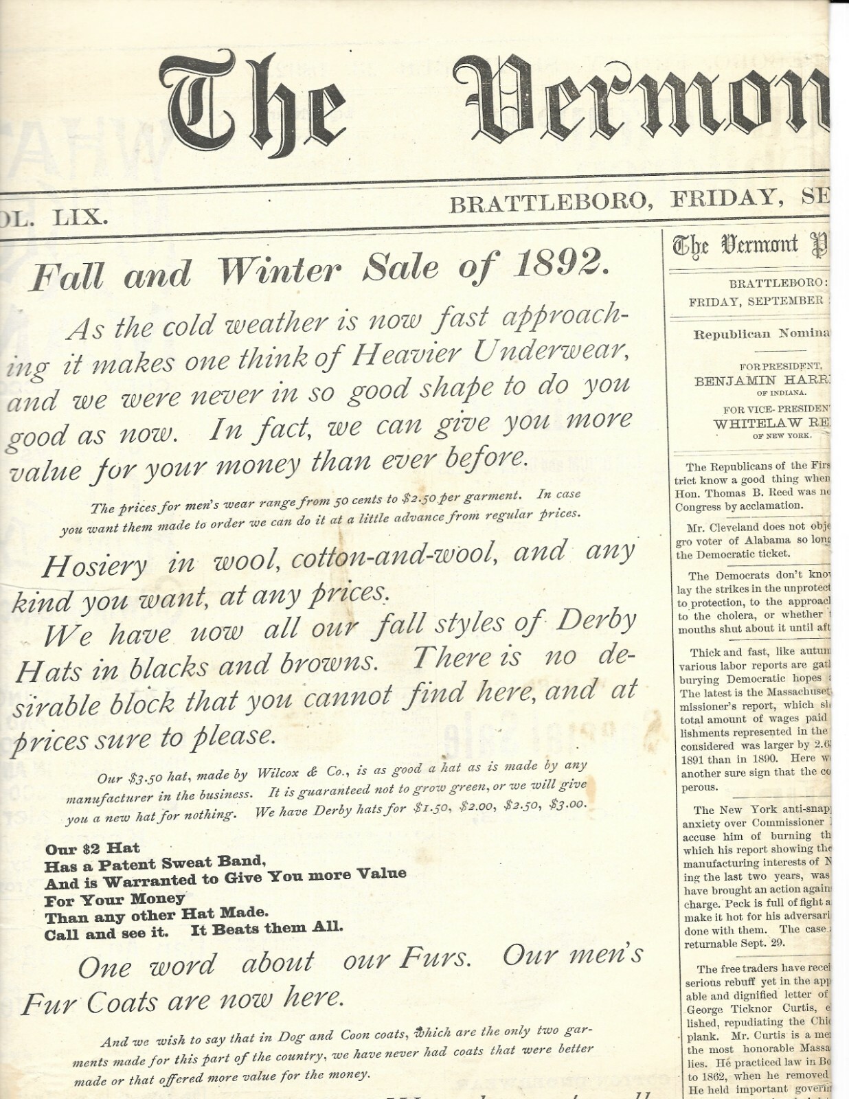 1892 brattleboro vt phoenix newspaper 23 Sept 1892 Vol LIX#39 local Fair VERMONT