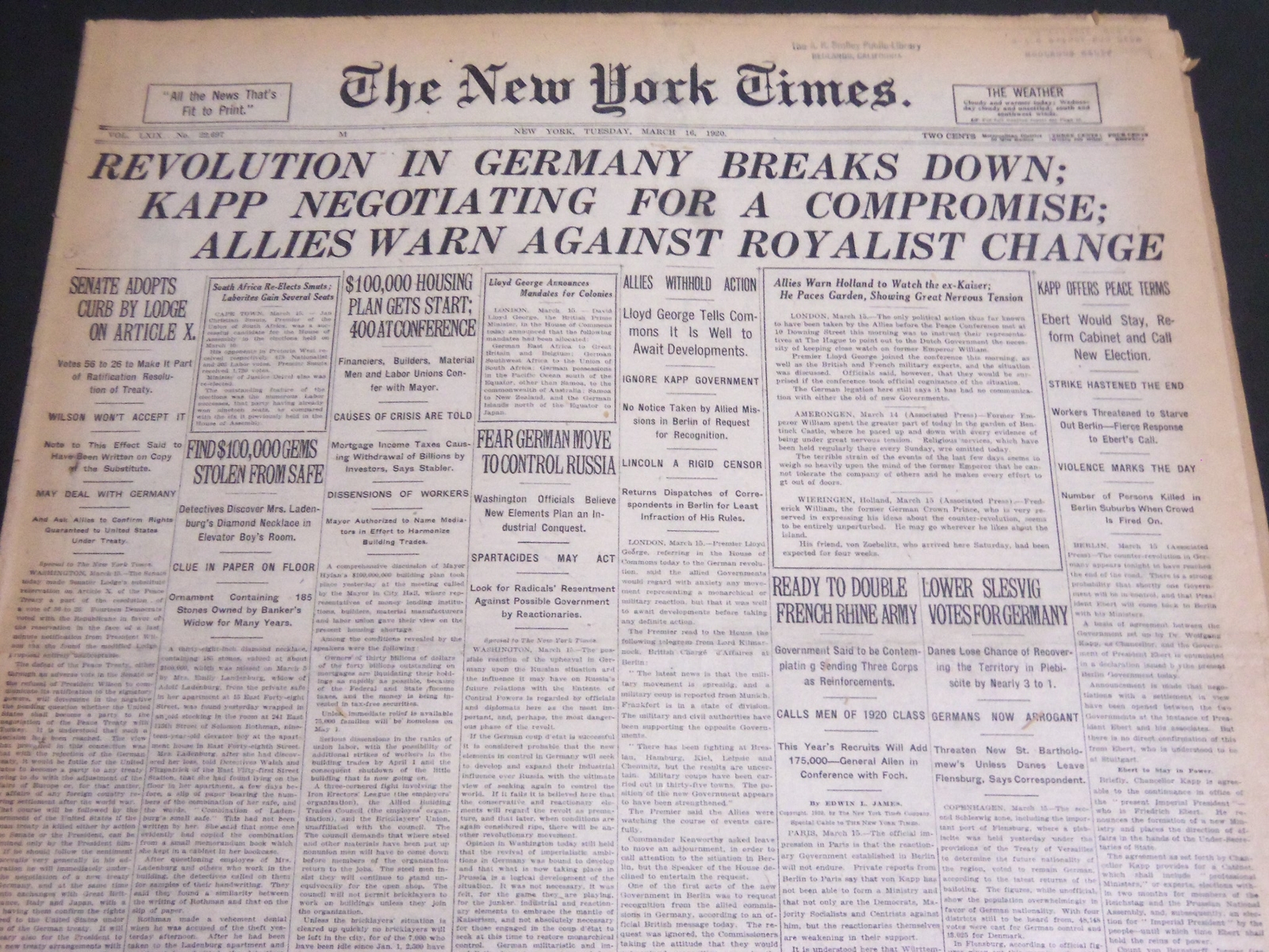 1920 MARCH 16 NEW YORK TIMES – REVOLUTION IN GERMANY BREAKS DOWN – NT 7129