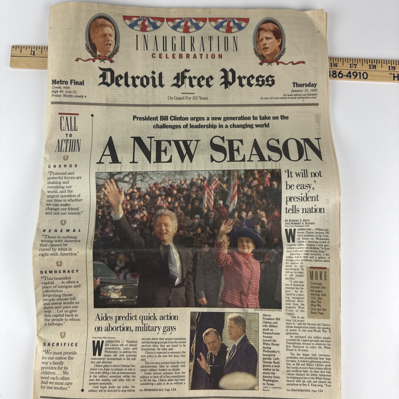 1993 Detroit Free Press Clinton Inauguration & Kevorkian Story Newspaper 1/21/93