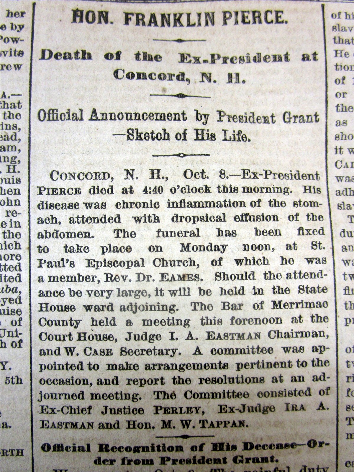 2 1869 NY Times newspapers with DEATH & FUNERAL of Ex-PRESIDENT FRANKLIN PIERCE