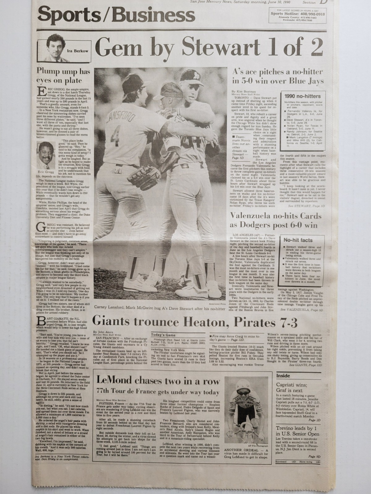 1990 Jun 30: MLB STEWART & VALENZUELA Toss No-Hitters! San Jose Mercury News