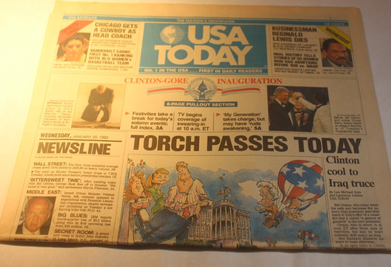 1992 Bill Clinton Inauguration USA Today Newspaper torch passes today vintage