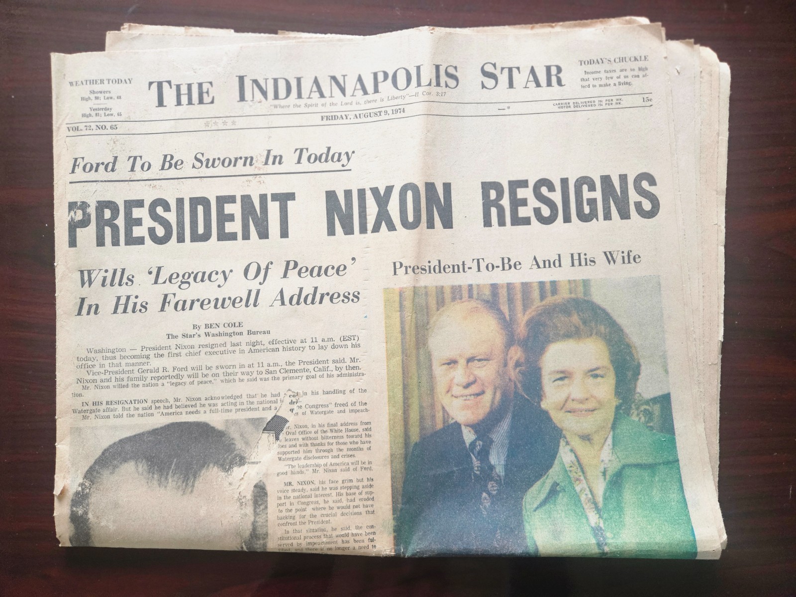 NIXON RESIGNS August 9, 1974, The Indianapolis Star Newspaper Section 1