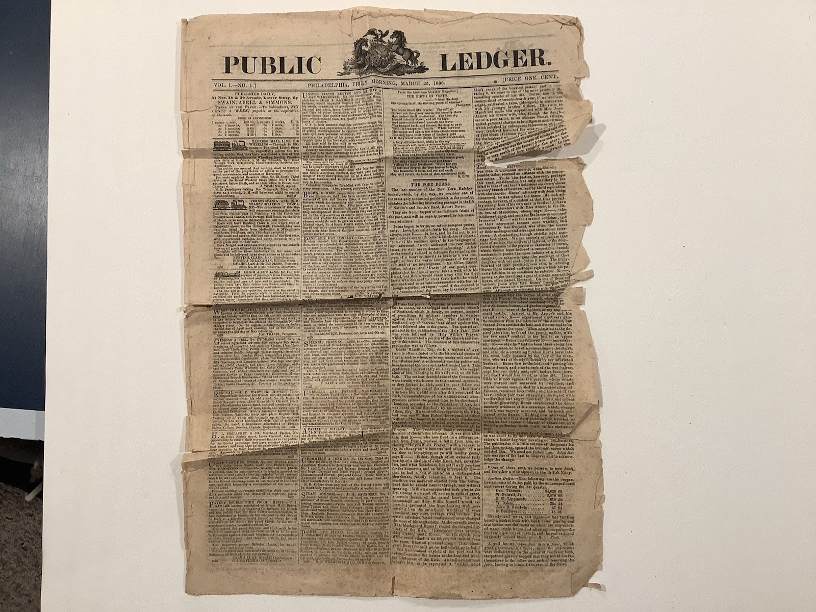Org Phila. Public Ledger March 25 1836 Copy From 1886 1st News For common People