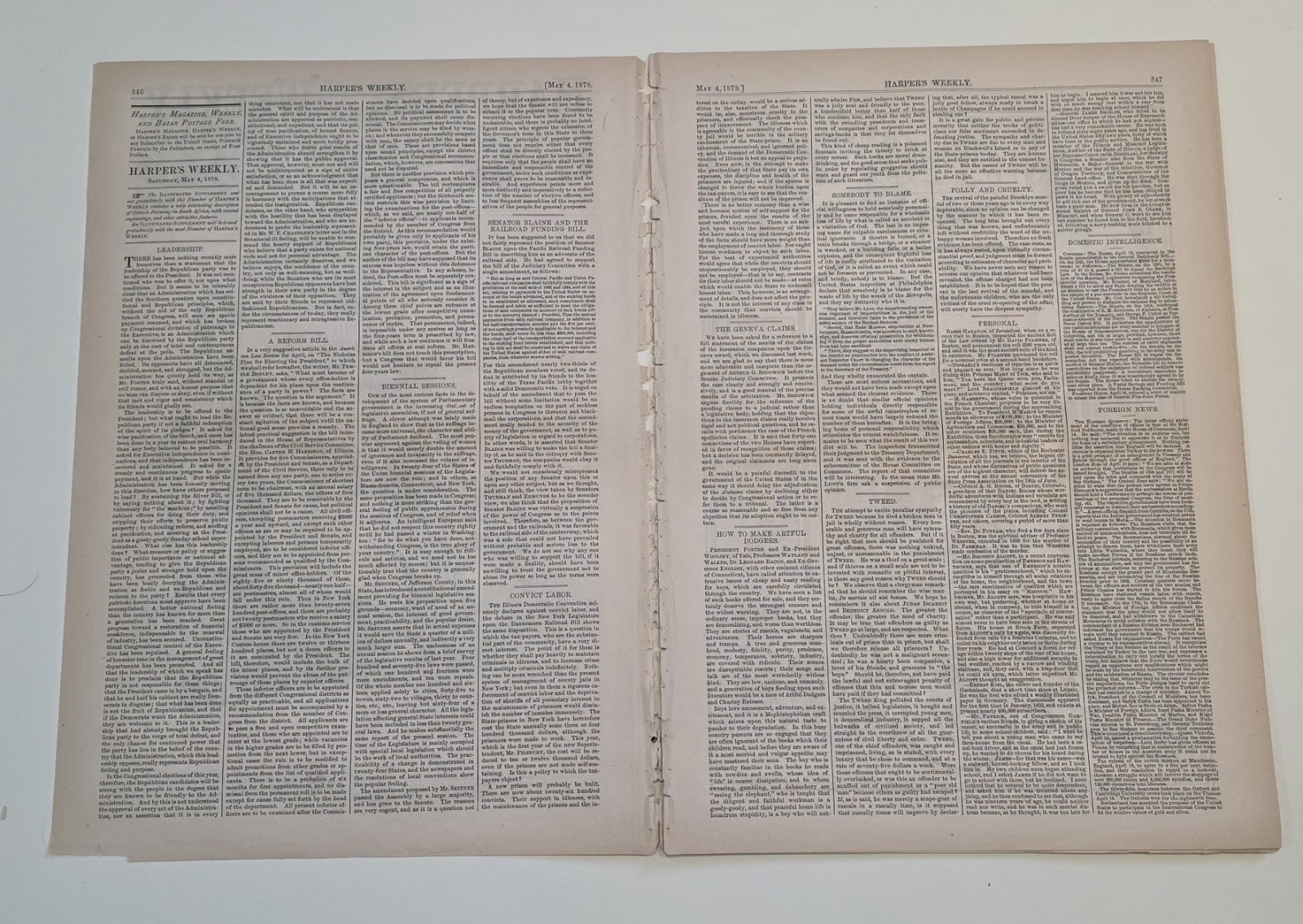 Harpers Weekly May 4, 1878 Full Magazine **Thomas Nast Bears Income Tax Measure*