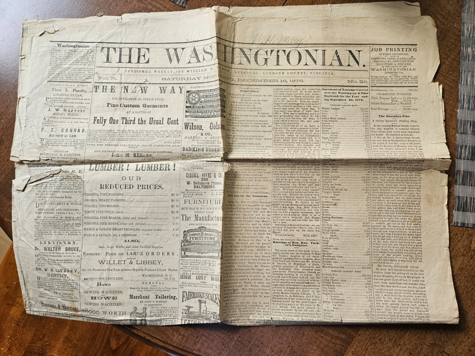Antique 1876 Washingtonian Leesburg, Loudoun county newspaper- Virginia history