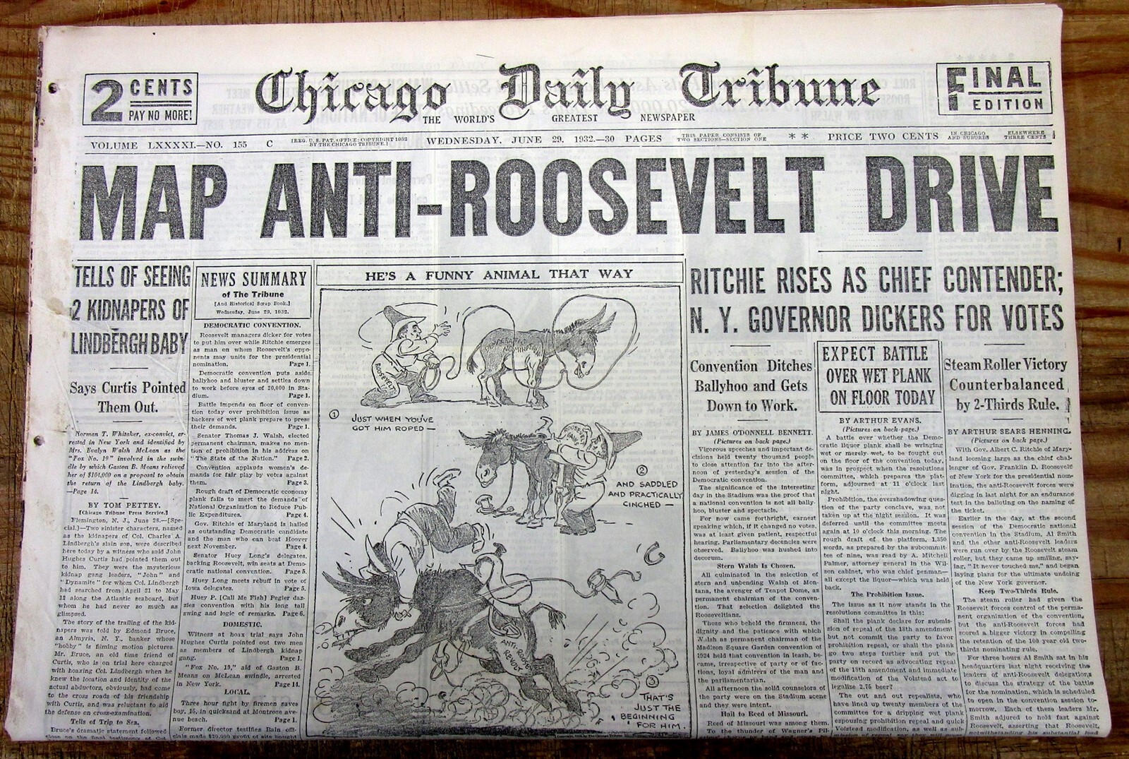 2 1932 hdlne newspapers DEMOCRAT CONVENTION Anti-FRANKLIN D ROOSEVELT nomination