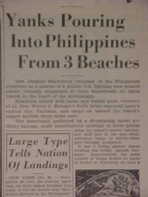 VINTAGE NEWSPAPER HEADLINE~ WORLD WAR 2 Mac ARTHUR RETURNS PHILIPPINES WWII 1944