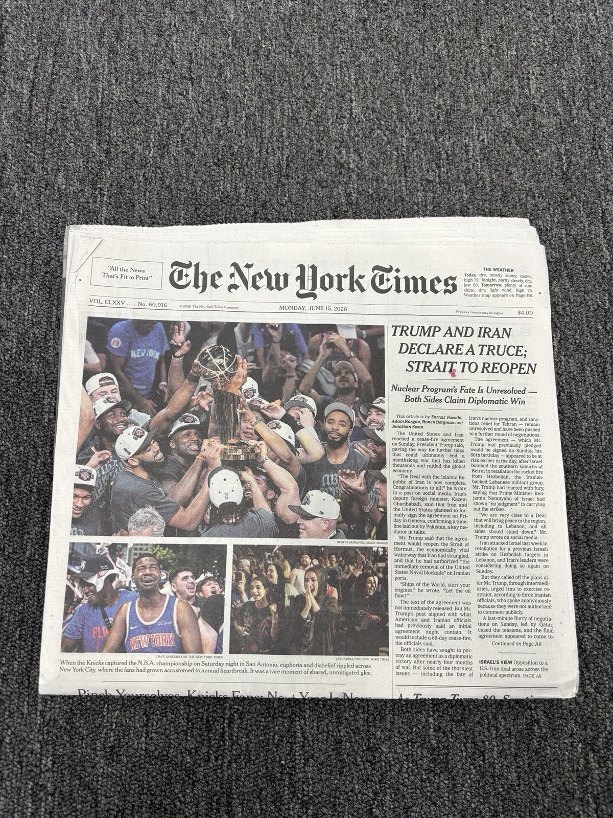 New York Times Newspaper June 15, 2026 KNICKS WIN GAME 5 NBA FINALS CHAMPION