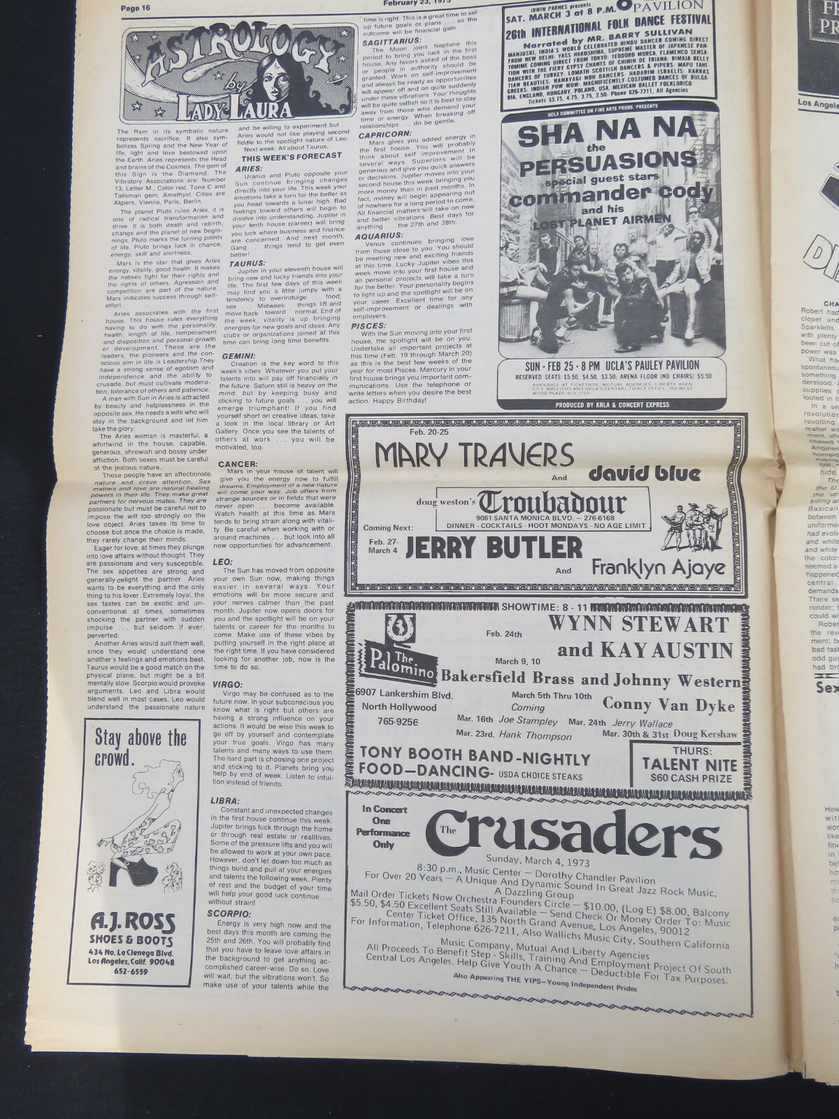 L.A. FREE PRESS UNDERGROUND NEWSPAPER Feb 23, 1973, Concert Ads Counter-Culture