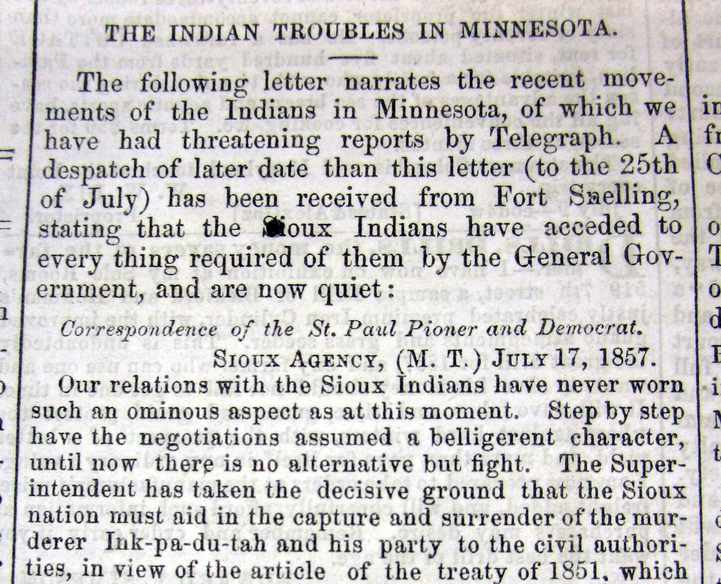 1857 newspaper SIOUX INDIAN WAR on IOWA / MINNESOTA BORDER Spirit Lake Massacre