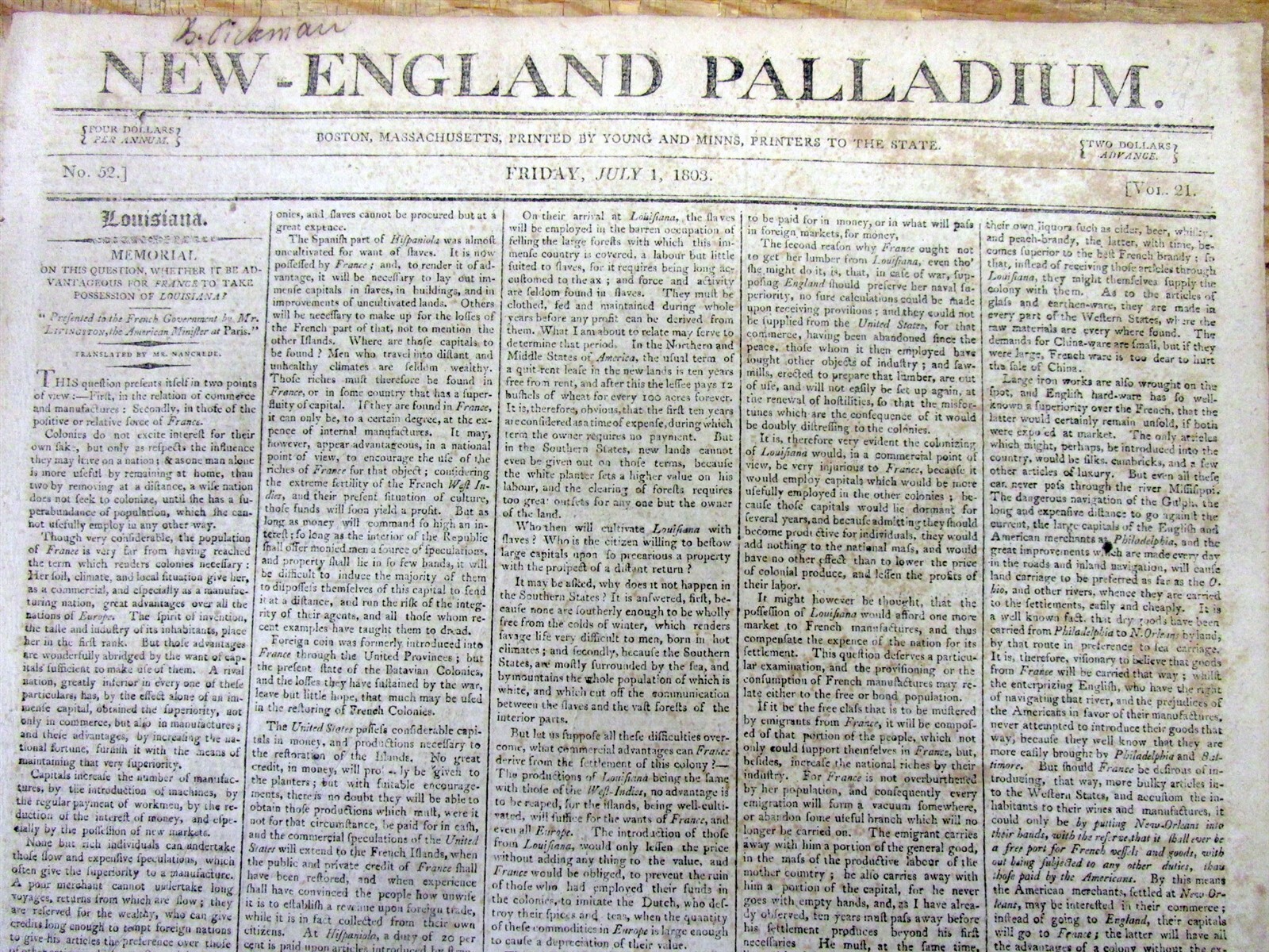 1803 newspaper w Early news of the LOUISIANA PURCHASE by THOMAS JEFFERSON admin