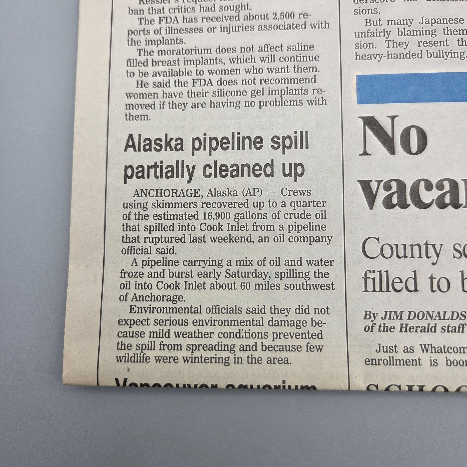 VTG 1992 Bellingham Herald WA Newspaper Jan 6 Alaska Pipeline Spill Front Page