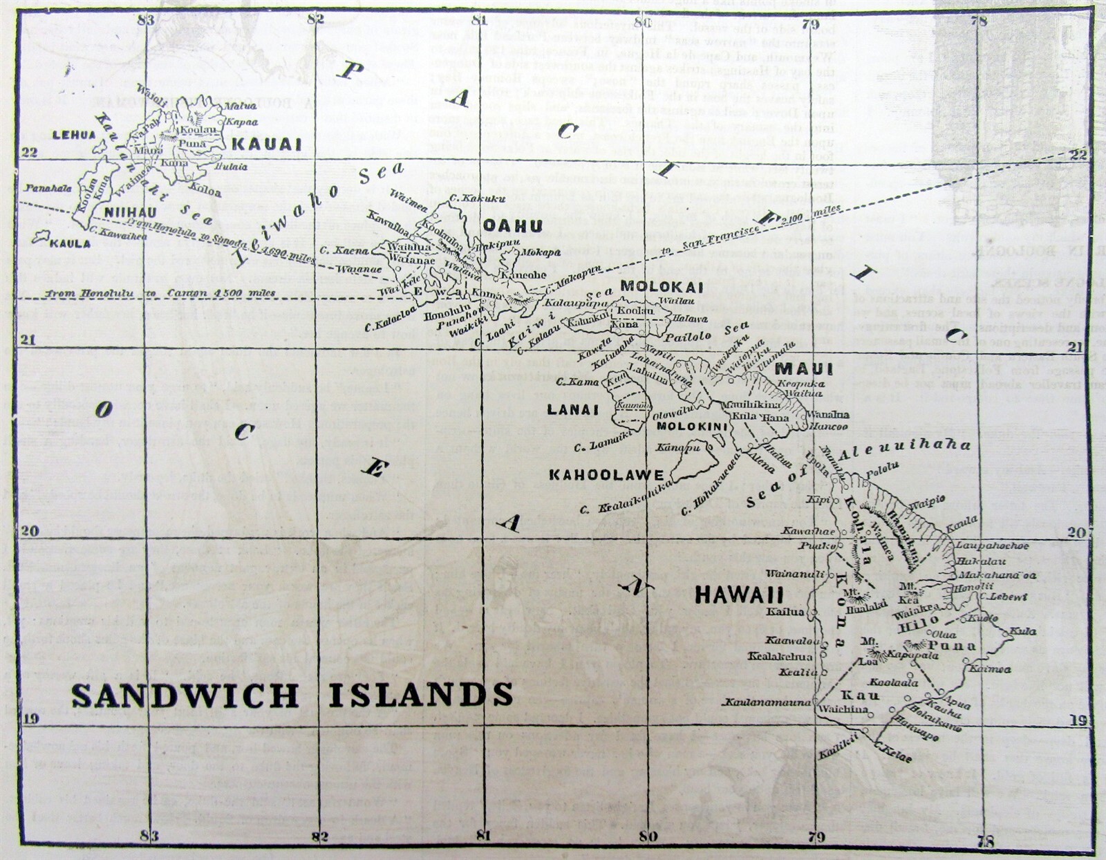 1855 newspaper w EARLY MAP of SANDWICH ISLANDS Hawaii + Display Missouri Crest