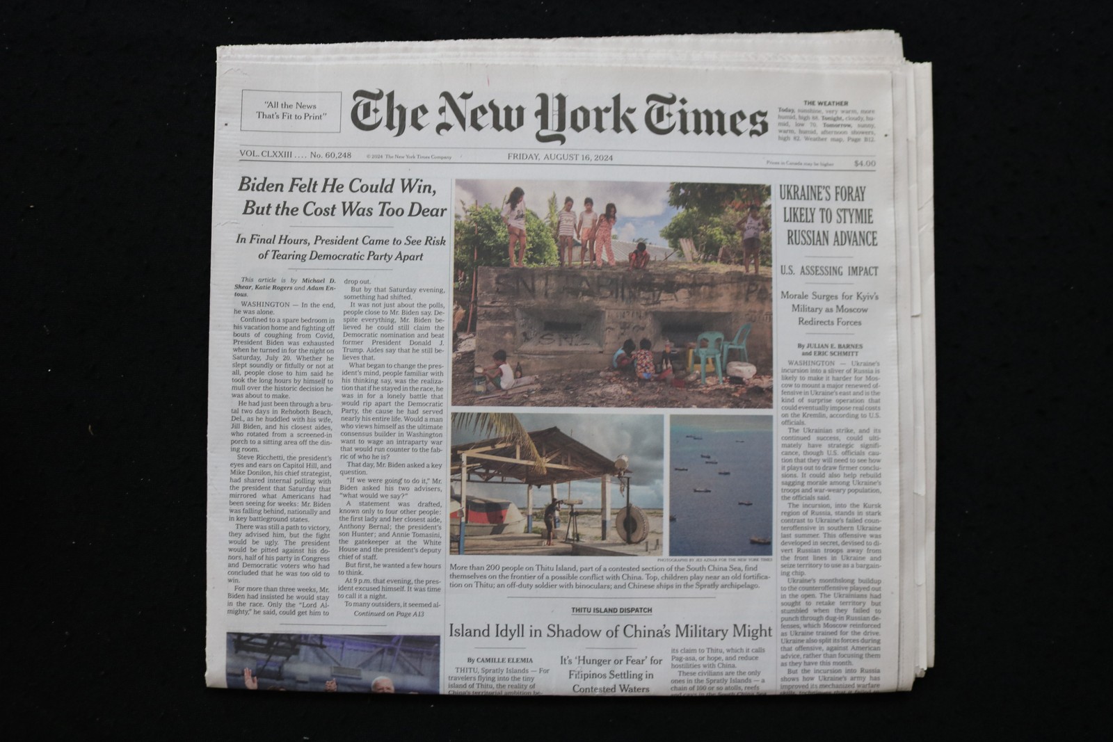 2024 AUGUST 16 NEW YORK TIMES – UKRAINE’S FORAY LIKELY TO STYMIE RUSSIAN ADVANCE