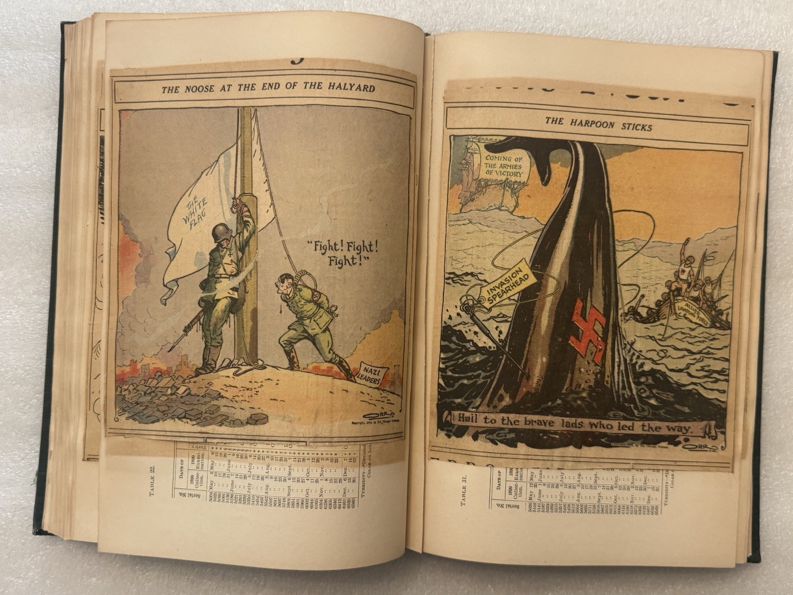 1944-1946 WW2 Newspaper Scrapbook Chicago Tribune Political Cartoon Hand Colored