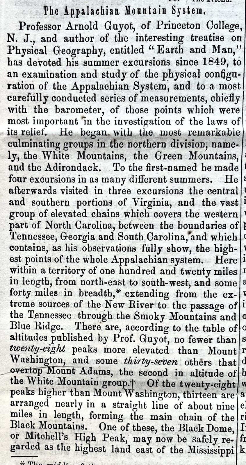 7 1861 newspapers DETAILED DESCIPTION of APPALACHIAN MOUNTAINS w ELEVATION CHART