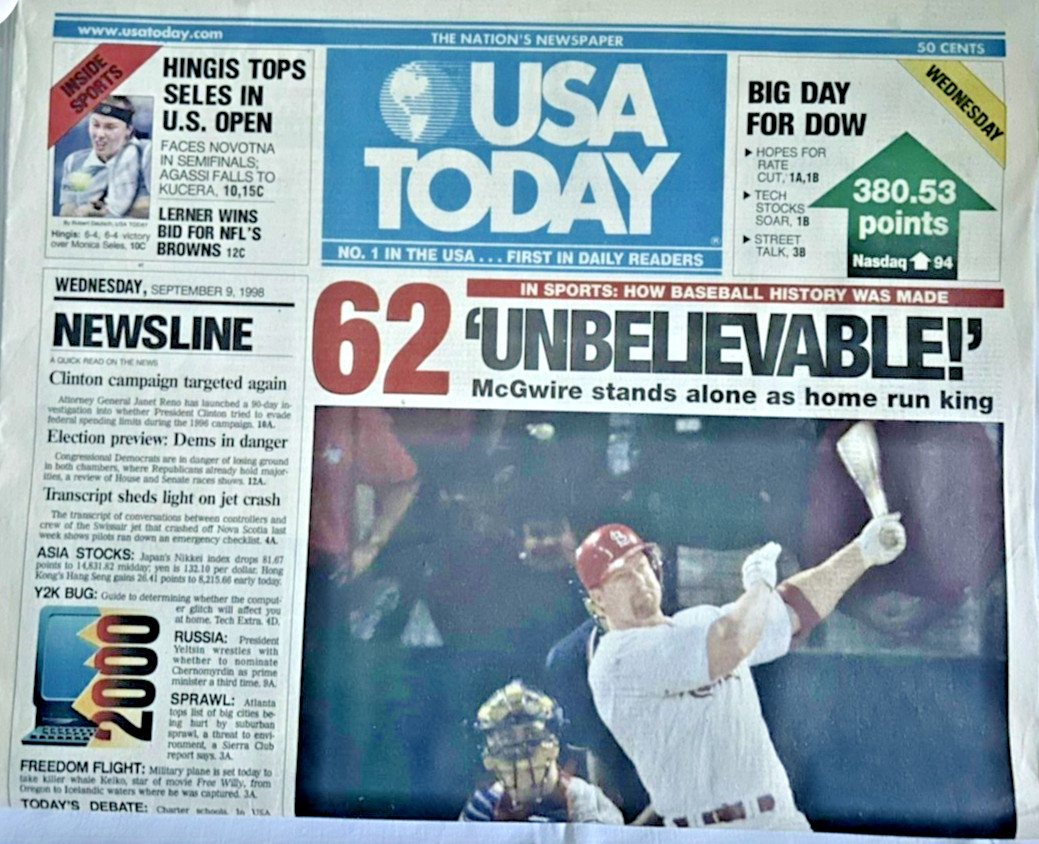 1998 USA Today Mark McGwire 62nd Home Run Newspaper Historic MLB