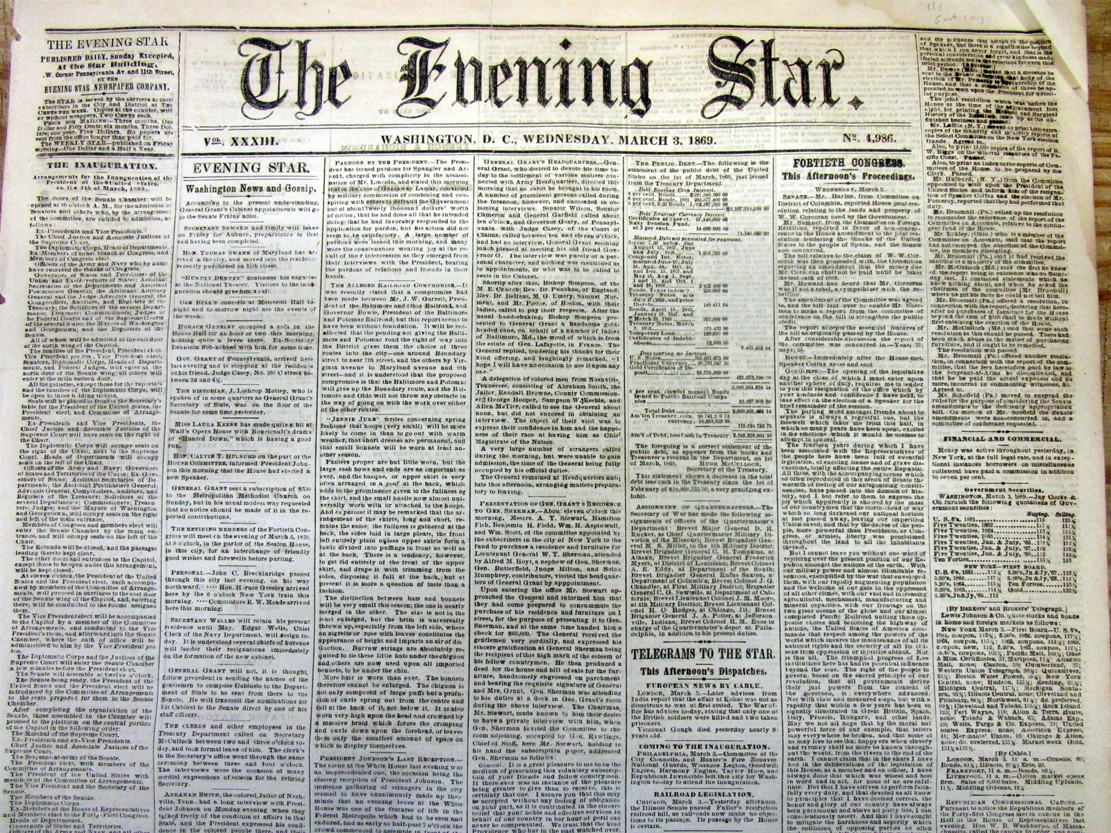 Best 1869 Washington DC newspaper INAUGURATION of PRESIDENT ULYSSES S GRANT
