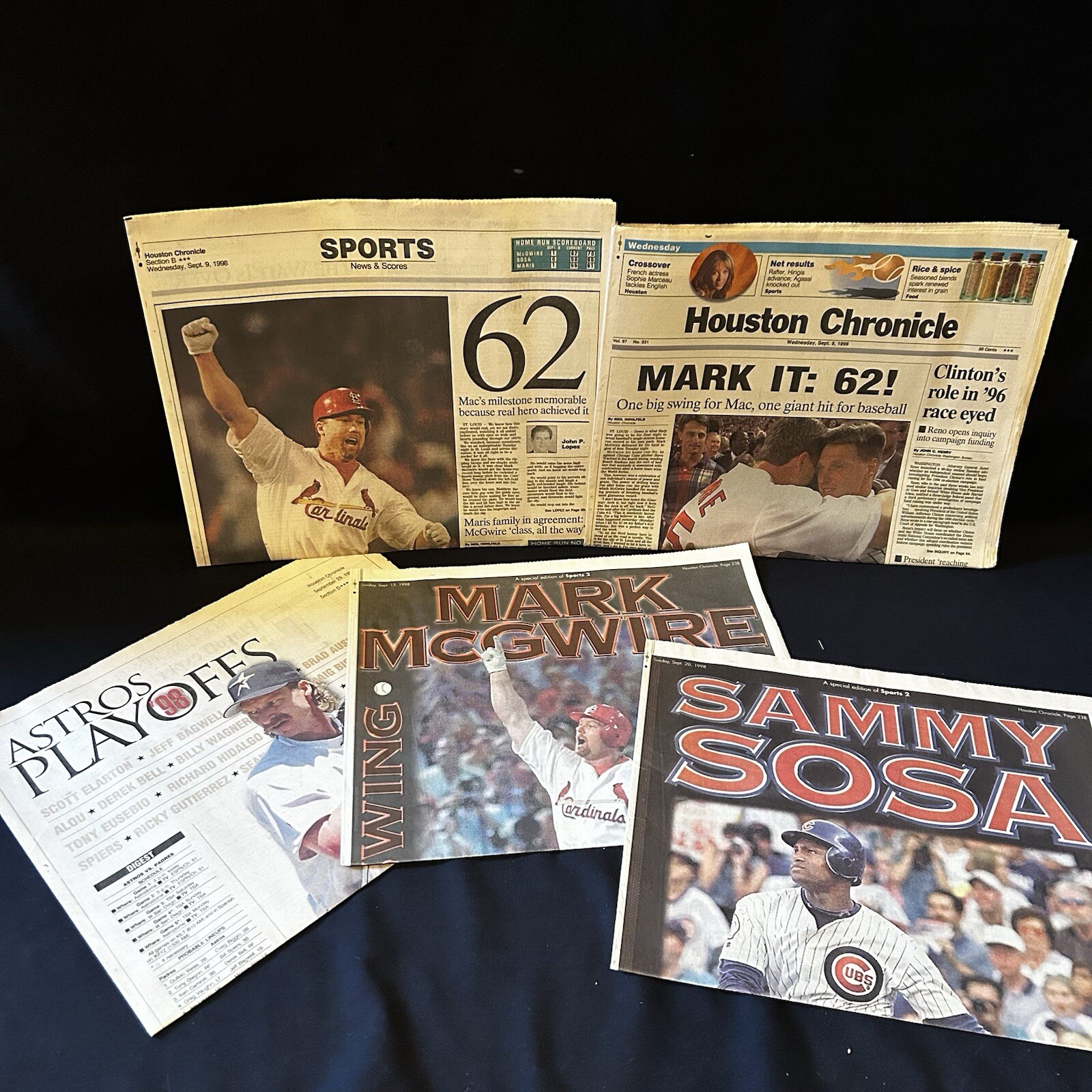 September 1998 MLB LOT / 5 Newspapers – Astros Sosa 62 McGwire Houston Chronicle