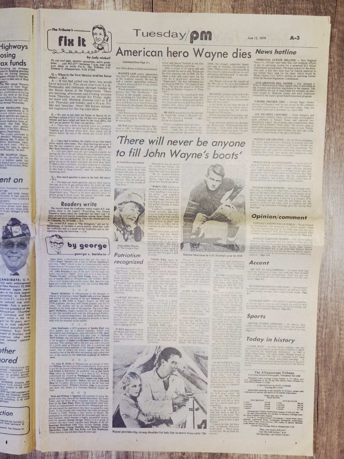 1979 Jun 12: Albuquerque Tribune – John Wayne Legendary Actor Cowboy Dead At 72!