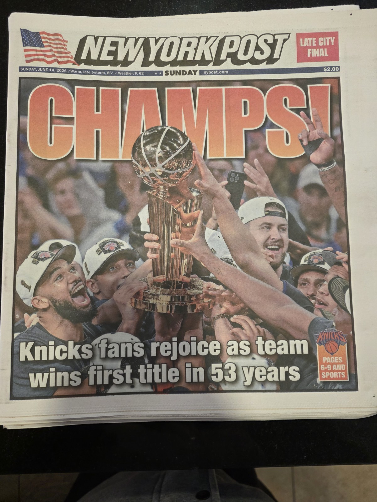 New York Post Late City Final Sunday June 14, 2026 “CHAMPS!” Knicks Title