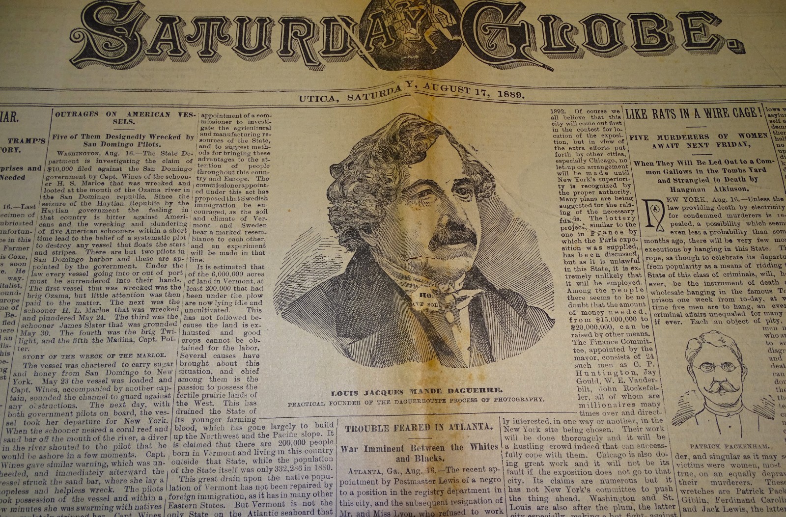 Utica Saturday Globe Newspaper August 17, 1889 – Louis Jacques Mandé Daguerre