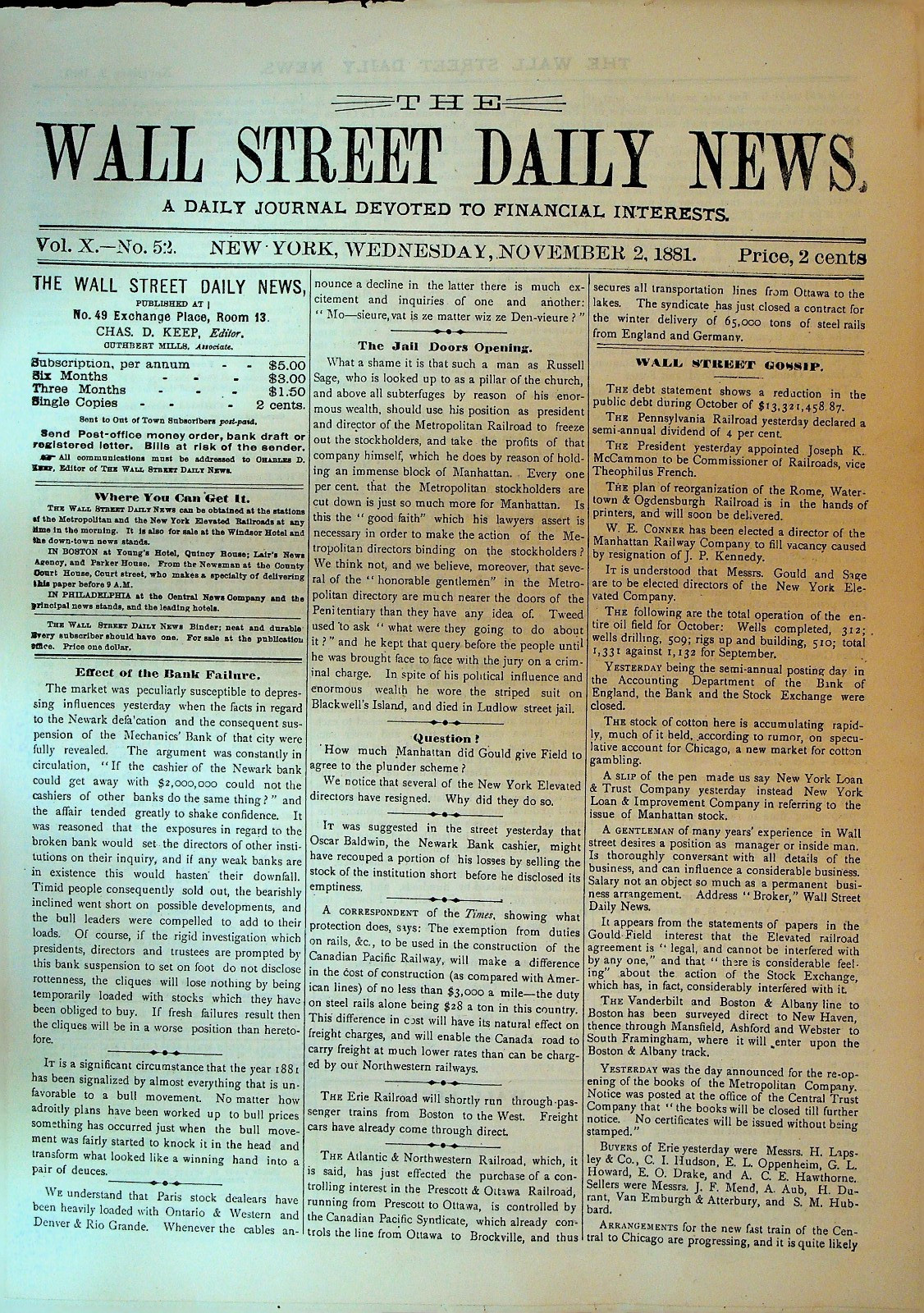The Wall Street Daily News November 2 1881 Jay Gould Railroads Russell Sage