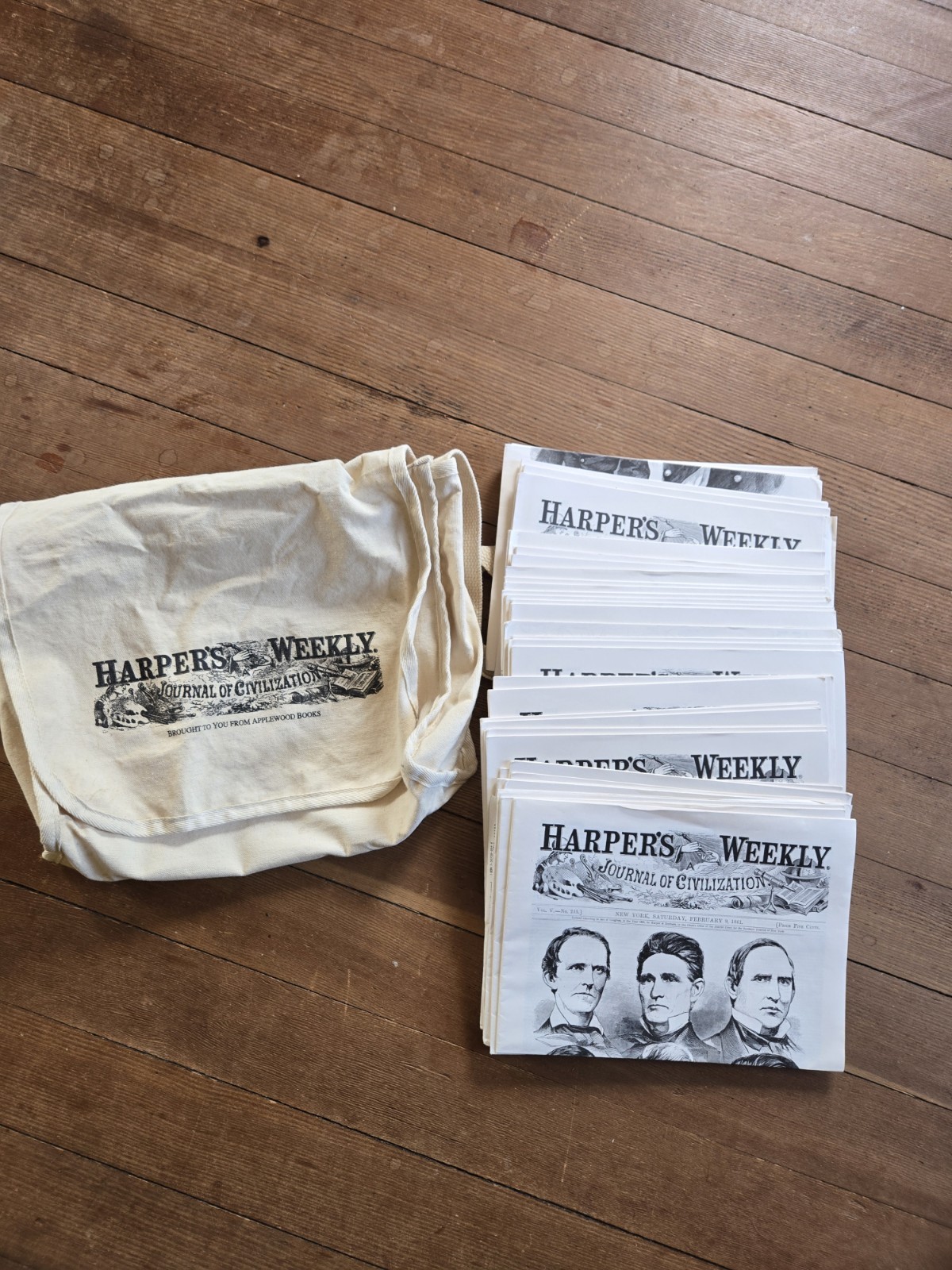 Vintage 35 Count Harpers Weekly News Papers & Canvas Bag Reissues