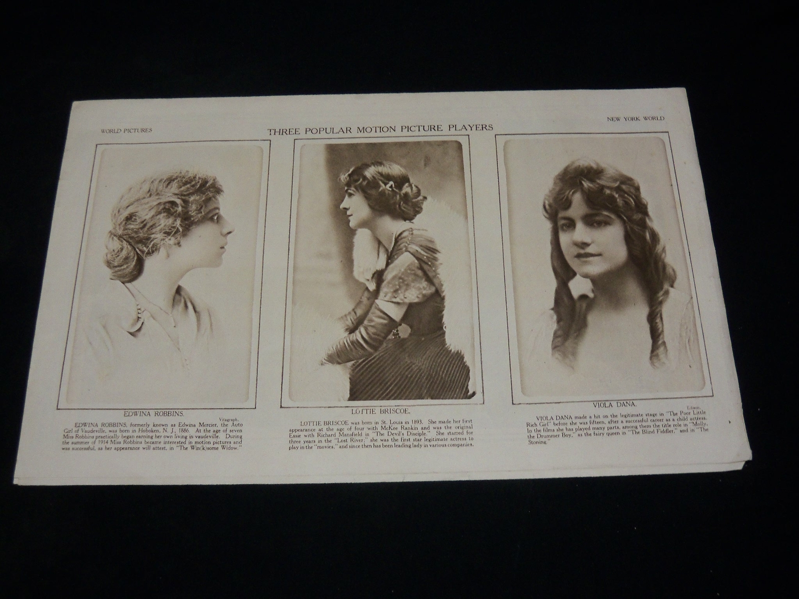 1915 AUGUST 29 NEW YORK WORLD PICTURES GRAVURE SECTION – VIOLA DANA – NP 5420