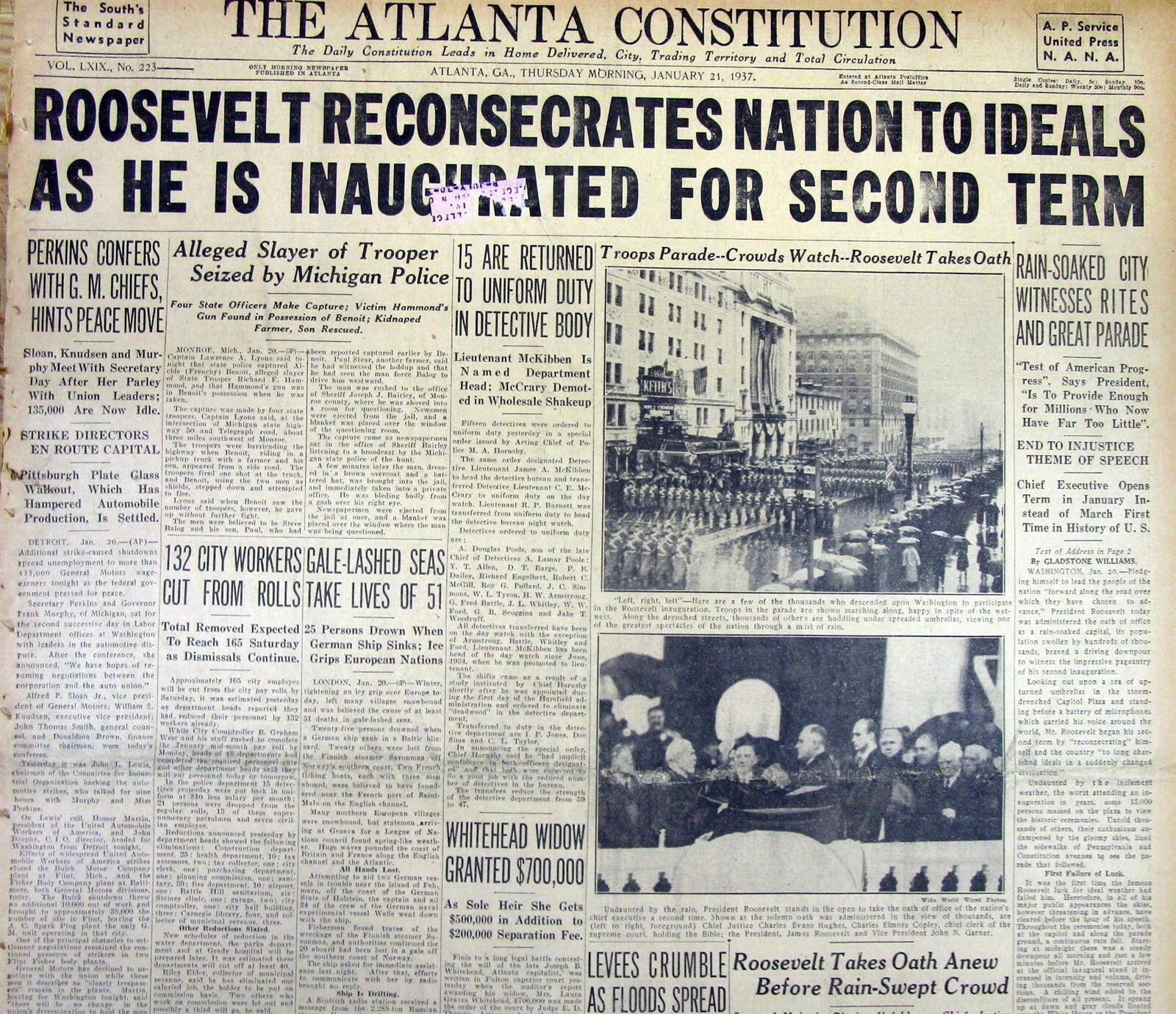 2 1937 headline newspapers FRANKLIN D ROOSEVELT is INAUGURATED as US PRESIDENT