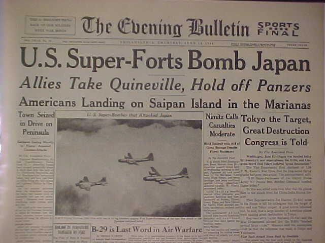 VINTAGE NEWSPAPER HEADLINES~WORLD WAR 2 B-29 PLANES BOMB TOKYO JAPAN WWII 1944