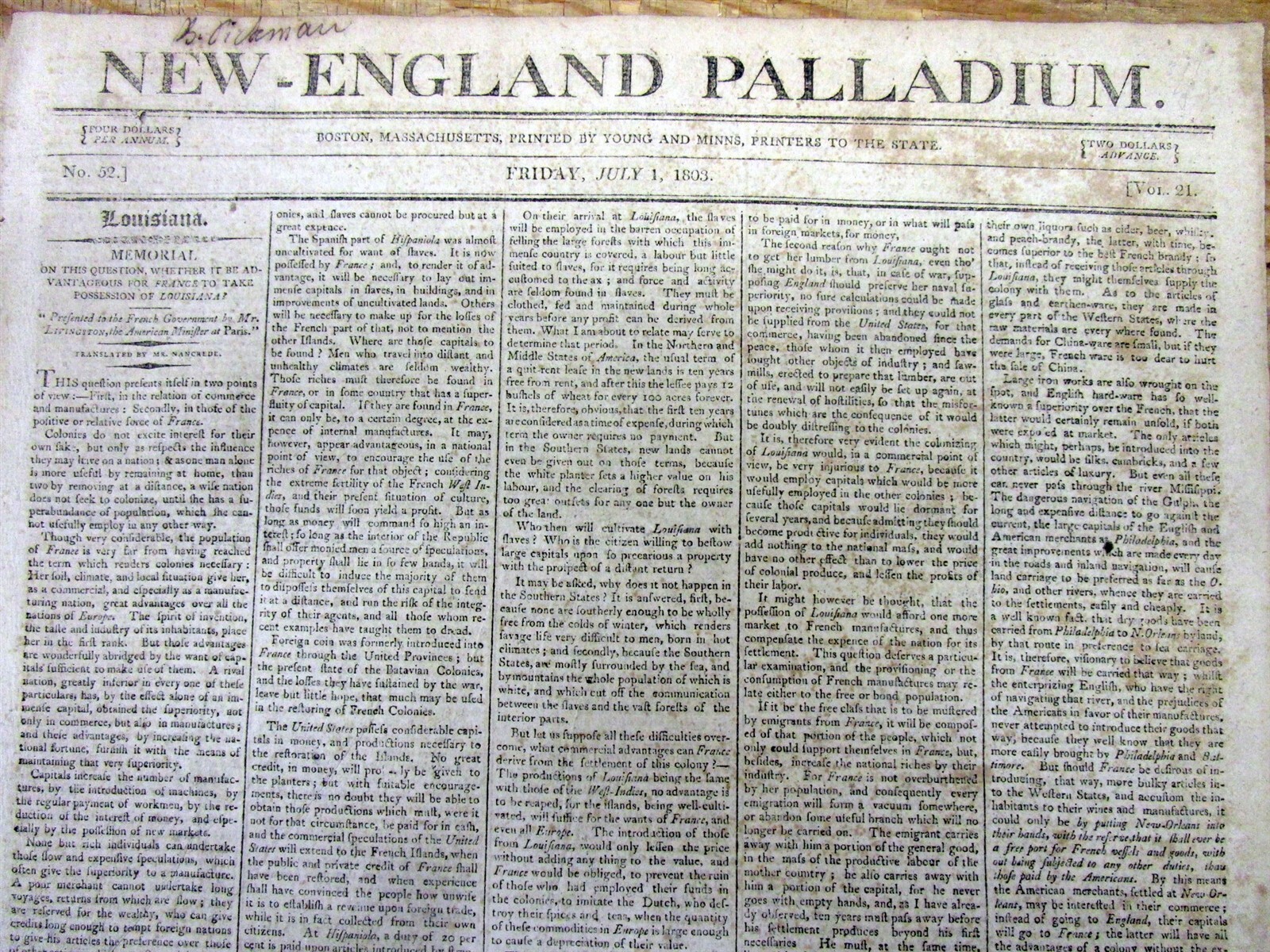 1803 newspaper w Early news of the LOUISIANA PURCHASE by THOMAS JEFFERSON admin