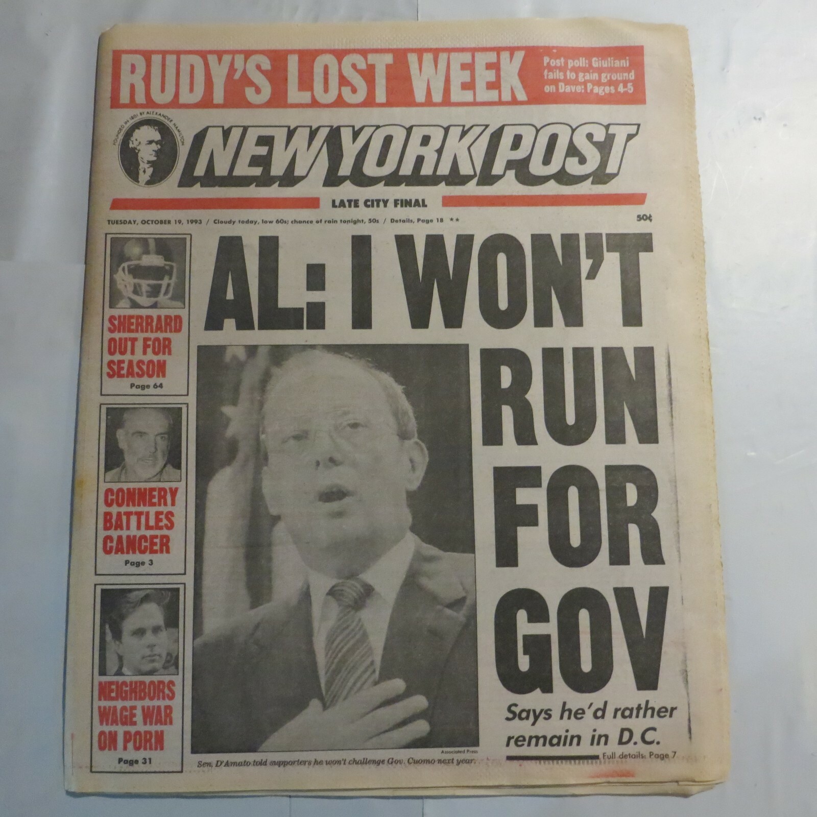 New York Post October 19 1993 Connery War on Porn D’Amato Cuomo N2