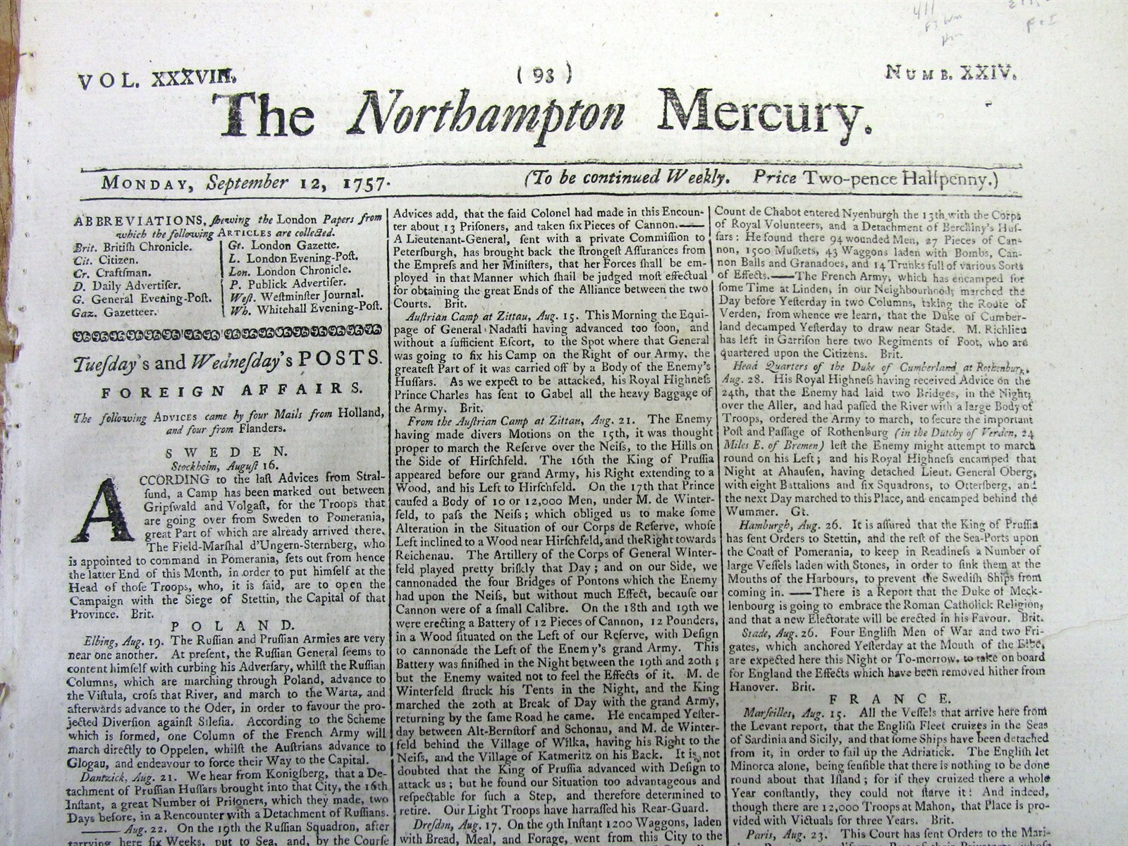 1757 French & Indian War newspaper SIEGE & CAPTURE o FORT WILLIAM HENRY massacre
