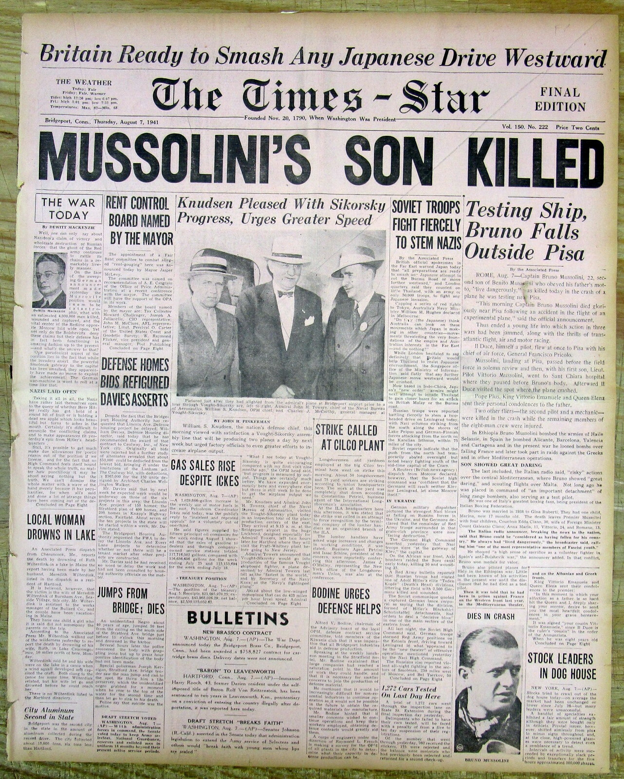 1941 WW II newspaper Italy dictator BENITO MUSSOLINI s SON KILLED in plane crash