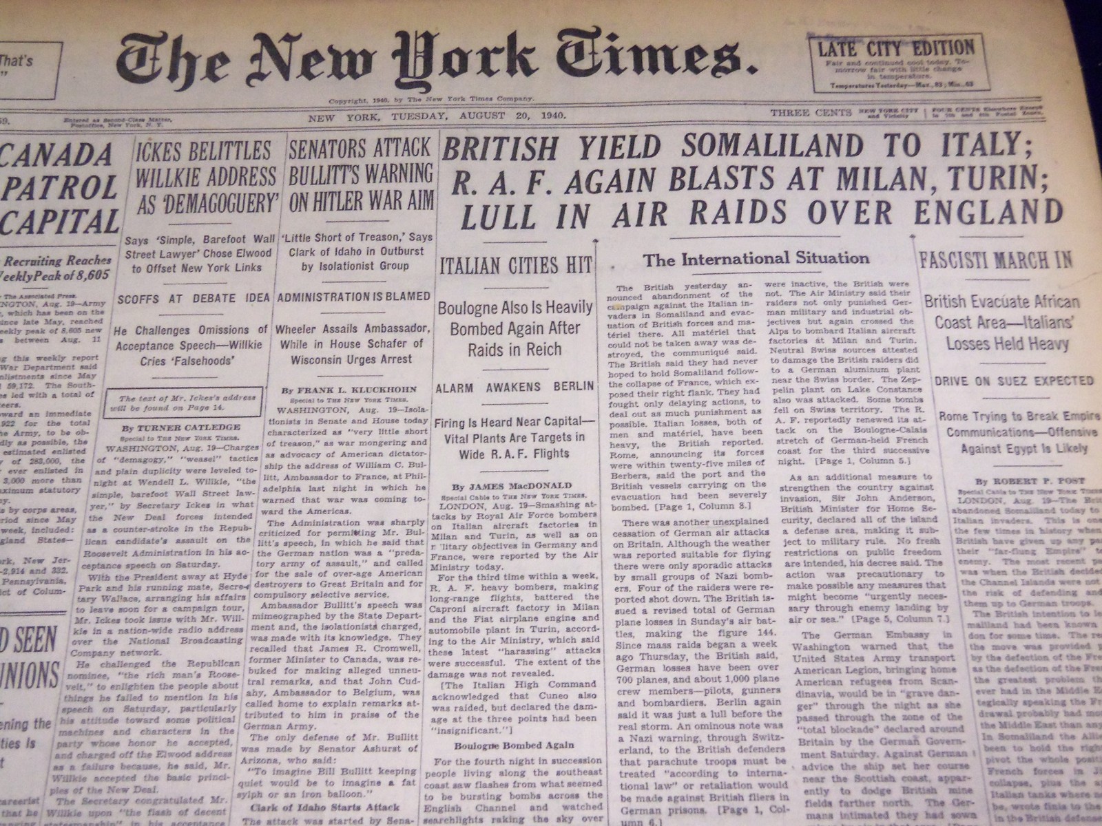 1940 AUGUST 20 NEW YORK TIMES – BRITISH YIELD SOMALILAND TO ITALY – NT 2562
